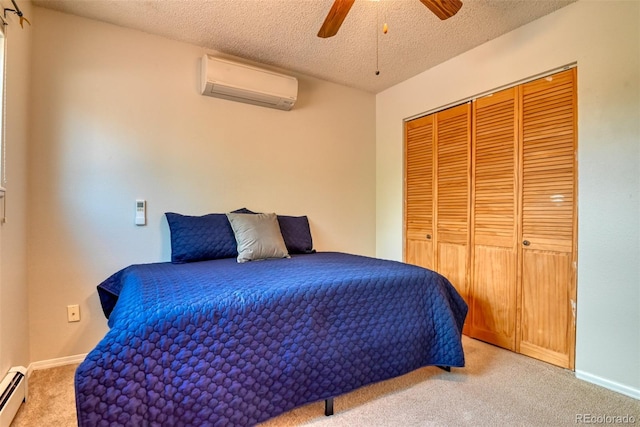6486 Hawkeye Cir, Colorado Springs, CO 80919 - bedroom featuring light carpet, a wall unit AC, a baseboard heating unit, and a textured ceiling