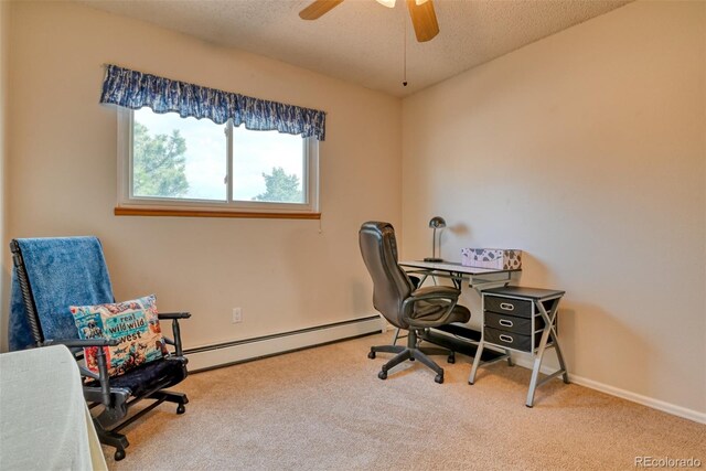 6486 Hawkeye Cir, Colorado Springs, CO 80919 - carpeted home office featuring a ceiling fan, a textured ceiling, baseboards, and baseboard heating