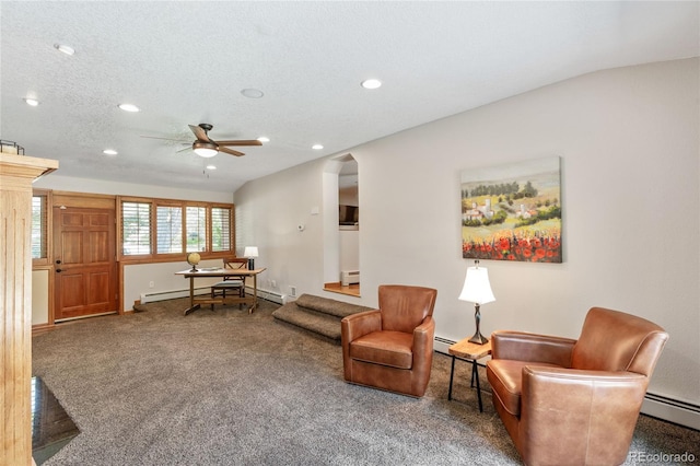 2520 Eldridge Cir, Golden, CO 80401 - living area with recessed lighting, carpet floors, a ceiling fan, and a baseboard radiator