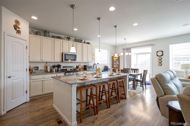 11404 Hannibal St, Commerce City, CO 80022 - kitchen with stainless steel appliances, a kitchen breakfast bar, dark wood-style floors, a kitchen island with sink, and open floor plan