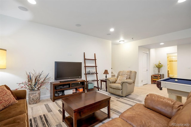 11404 Hannibal St, Commerce City, CO 80022 - living room featuring light colored carpet, recessed lighting, and billiards table