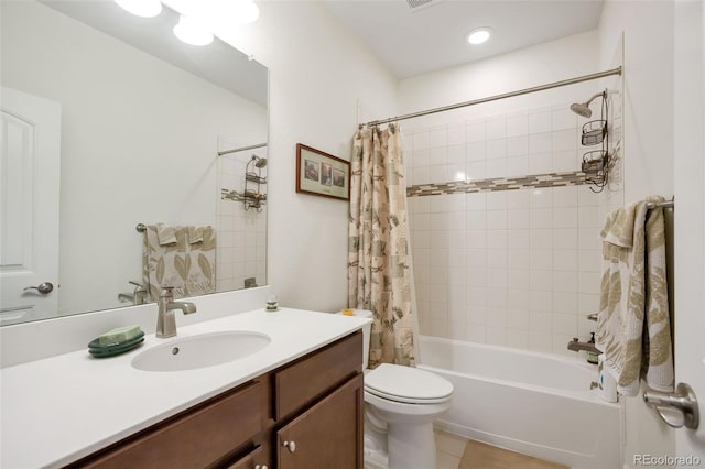 11404 Hannibal St, Commerce City, CO 80022 - bathroom featuring vanity, shower / bathtub combination with curtain, and tile patterned floors