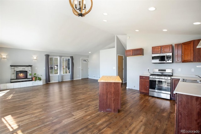 1536 County Road 1, Cripple Creek, CO 80813 - kitchen with appliances with stainless steel finishes, open floor plan, vaulted ceiling, light countertops, and dark wood finished floors