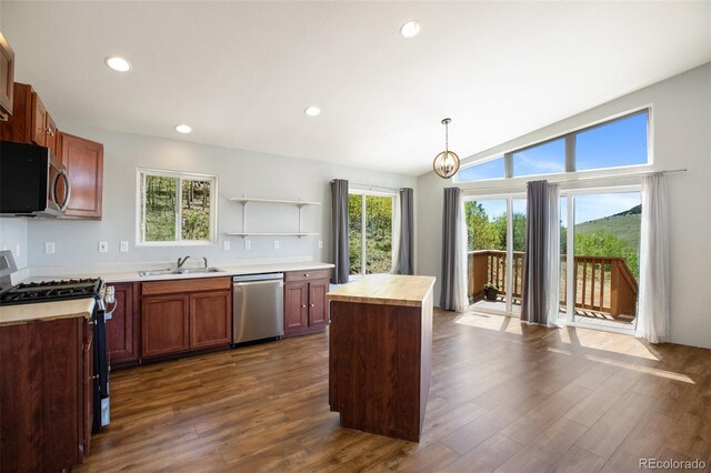 1536 County Road 1, Cripple Creek, CO 80813 - kitchen with appliances with stainless steel finishes, a sink, open shelves, dark wood-type flooring, and recessed lighting
