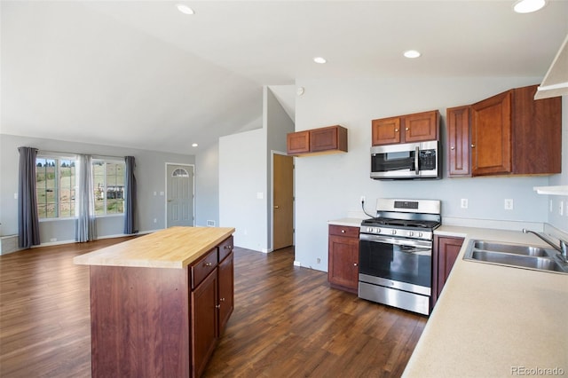 1536 County Road 1, Cripple Creek, CO 80813 - kitchen with appliances with stainless steel finishes, a sink, lofted ceiling, dark wood-style floors, and a center island