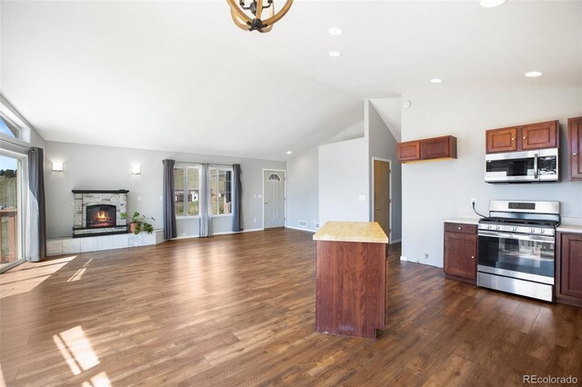 1536 County Road 1, Cripple Creek, CO 80813 - kitchen featuring stainless steel appliances, lofted ceiling, open floor plan, light countertops, and dark wood-style flooring
