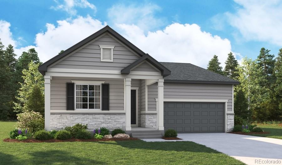 6170 Amerifax Dr, Windsor, CO 80528 - view of front facade with stone siding, a garage, driveway, and a front yard