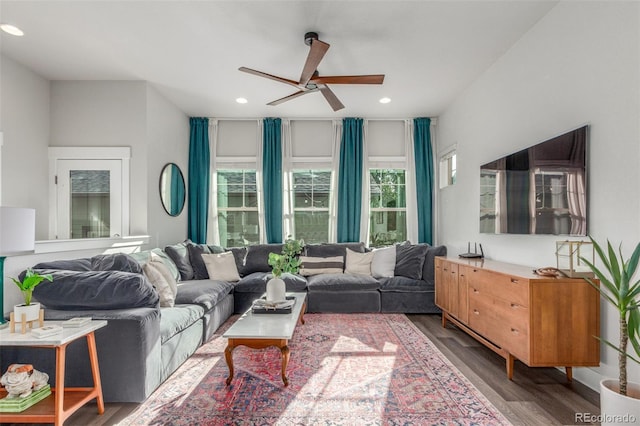 5735 Boston St, Denver, CO 80238 - living room featuring wood finished floors, ceiling fan, and recessed lighting