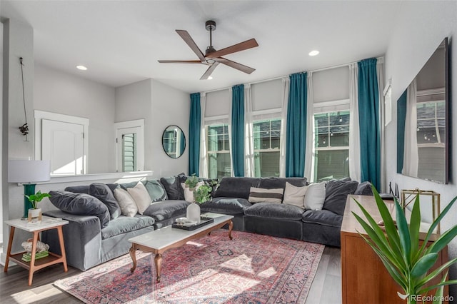 5735 Boston St, Denver, CO 80238 - living room featuring wood finished floors, ceiling fan, and recessed lighting