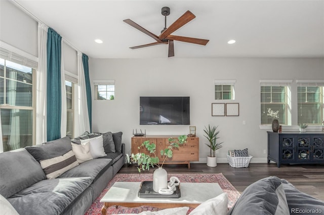 5735 Boston St, Denver, CO 80238 - living area with wood finished floors, ceiling fan, and recessed lighting