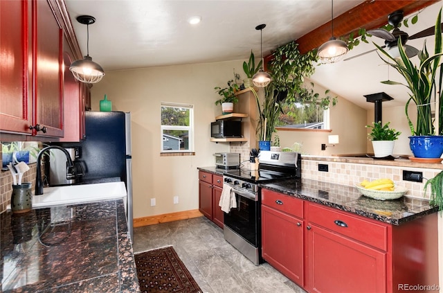 32 Magnum Bonum Dr, Breckenridge, CO 80424 - kitchen with electric stove, black microwave, tasteful backsplash, a sink, and recessed lighting
