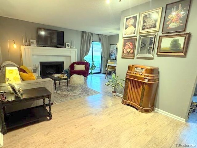 12546 E Cornell Ave Unit 104, Aurora, CO 80014 - living area with wood finished floors and a fireplace