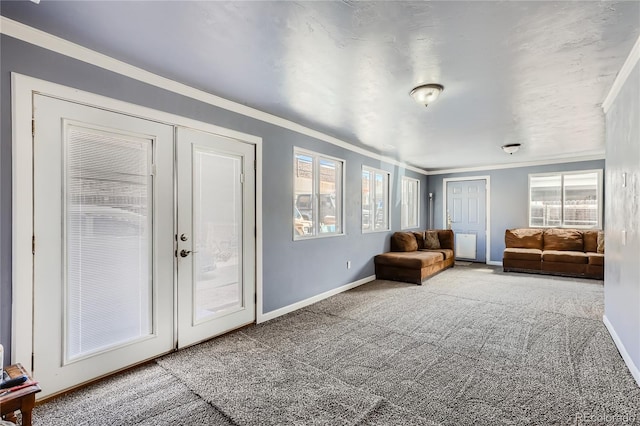 interior space with light carpet and ornamental molding