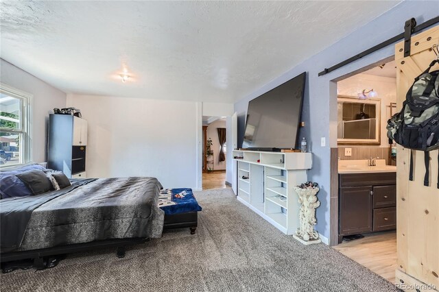 bedroom featuring a barn door, sink, light hardwood / wood-style flooring, and ensuite bath