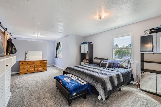 carpeted bedroom with a barn door and a textured ceiling