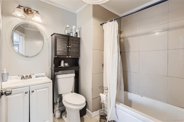 full bathroom featuring shower / tub combo with curtain, tile patterned floors, vanity, crown molding, and toilet