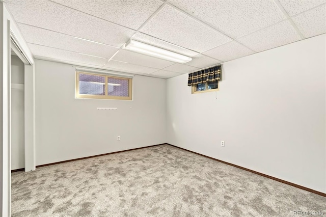 basement with a paneled ceiling and light colored carpet