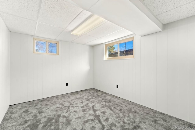 basement with carpet flooring, a drop ceiling, and wood walls