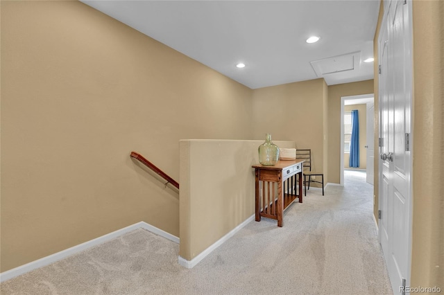 5762 Ceylon St, Denver, CO 80249 - hall with carpet, attic access, recessed lighting, baseboards, and an upstairs landing