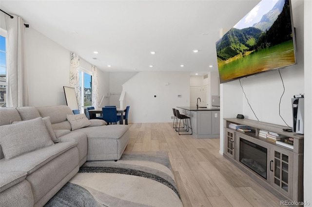 living room with light wood-type flooring and sink