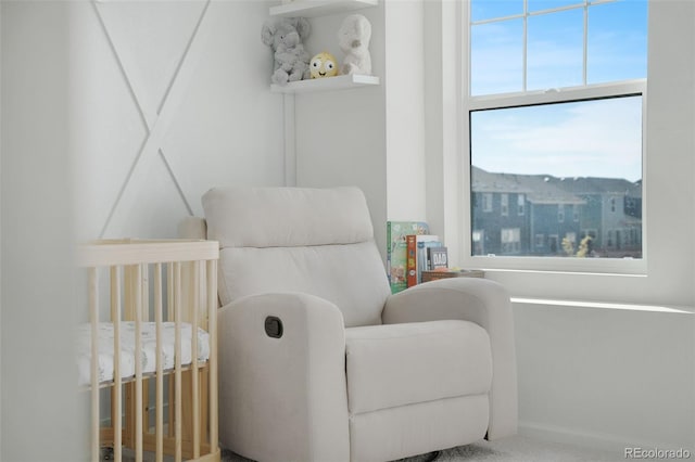 bedroom featuring carpet floors and a nursery area