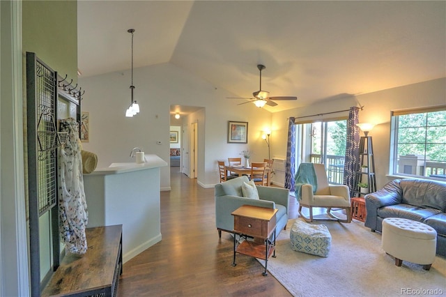 539 River View Dr Unit 1305, New Castle, CO 81647 - living room with wood finished floors, ceiling fan, and high vaulted ceiling