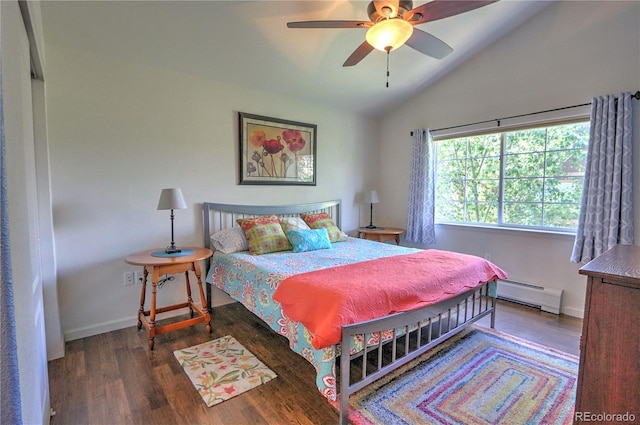 539 River View Dr Unit 1305, New Castle, CO 81647 - bedroom with a baseboard radiator, lofted ceiling, wood finished floors, and a ceiling fan