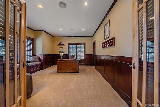 1015 Nob Hill Rd, Evergreen, CO 80439 - office area with wainscoting, french doors, light colored carpet, ornamental molding, and recessed lighting
