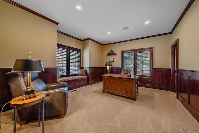 1015 Nob Hill Rd, Evergreen, CO 80439 - office with wainscoting, a wealth of natural light, carpet, and crown molding