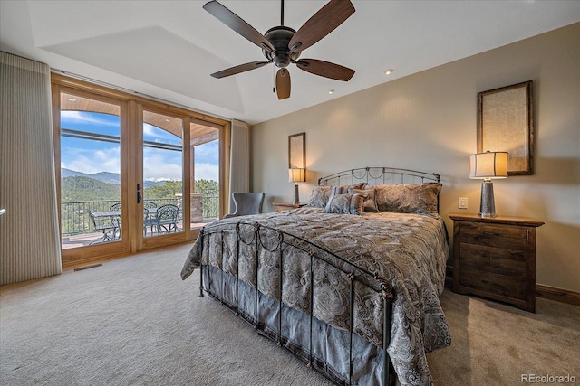 1015 Nob Hill Rd, Evergreen, CO 80439 - bedroom with carpet floors, access to exterior, ceiling fan, and visible vents