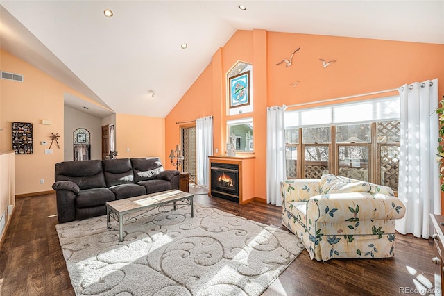 living room with high vaulted ceiling and dark hardwood / wood-style floors