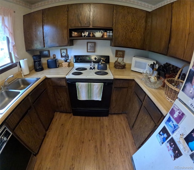 11798 Sidney Rd, Golden, CO 80403 - kitchen with range with electric stovetop, light countertops, light wood-type flooring, and white microwave
