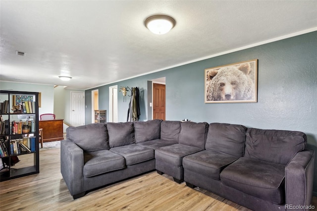 4035 Cantrell Dr, Colorado Springs, CO 80911 - living area featuring a textured wall, wood finished floors, and crown molding