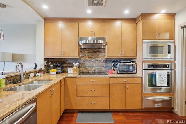 kitchen with light stone countertops, exhaust hood, dark hardwood / wood-style flooring, stainless steel appliances, and sink