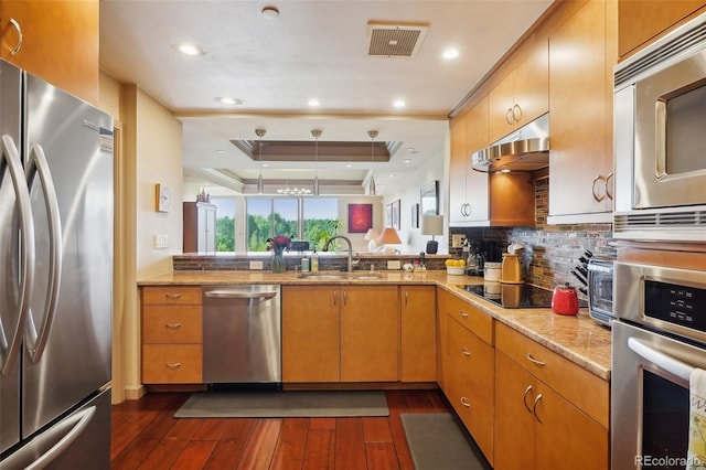 kitchen with kitchen peninsula, appliances with stainless steel finishes, a tray ceiling, light stone counters, and sink