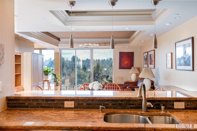 kitchen featuring ornamental molding, a sink, a tray ceiling, stone countertops, and open floor plan