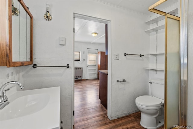 116 E 12th St, Leadville, CO 80461 - bathroom featuring toilet, vanity, heating unit, and wood finished floors