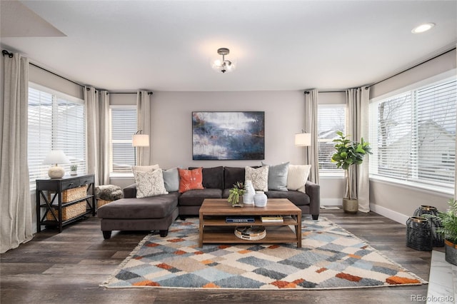 living room with dark hardwood / wood-style floors