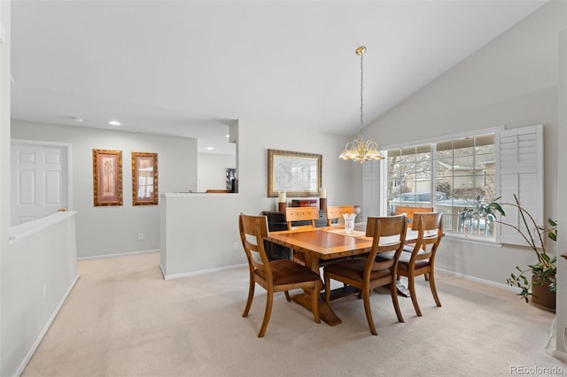 dining room featuring recessed lighting, light carpet, baseboards, and an inviting chandelier