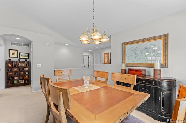 dining area featuring arched walkways, recessed lighting, light carpet, visible vents, and vaulted ceiling