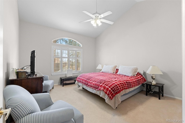 bedroom with light carpet, ceiling fan, and baseboards