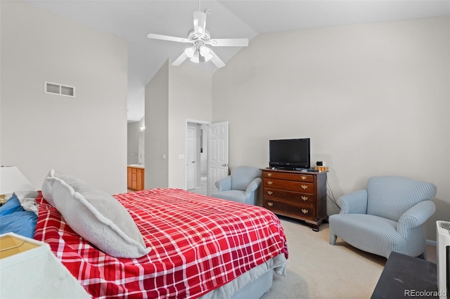 bedroom featuring light carpet, high vaulted ceiling, ceiling fan, and visible vents