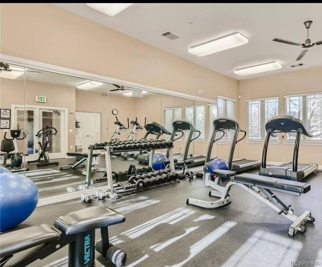 exercise room with a healthy amount of sunlight, visible vents, and a ceiling fan