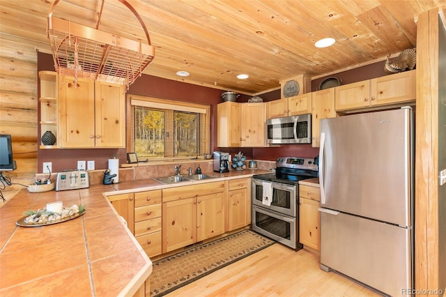 kitchen featuring light brown cabinetry, sink, wood ceiling, tile counters, and stainless steel appliances