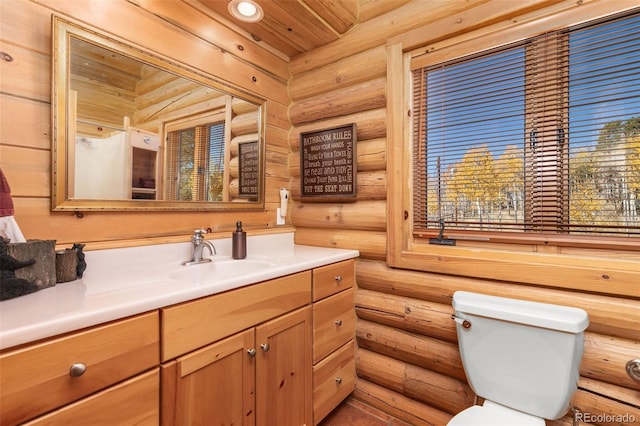 bathroom featuring vanity, rustic walls, and toilet