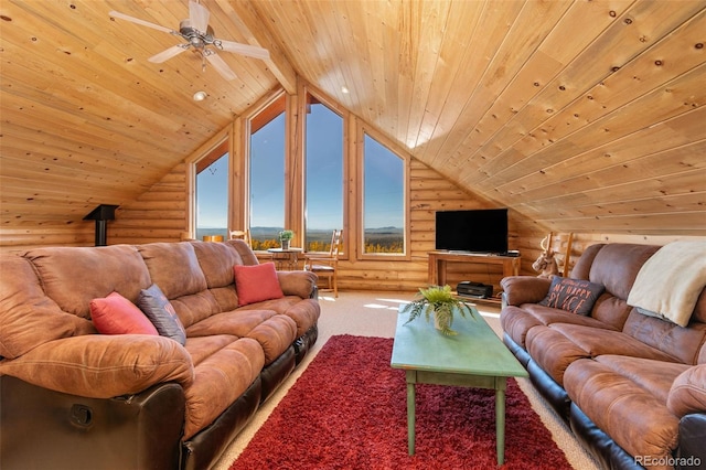 living room featuring lofted ceiling, carpet flooring, rustic walls, and wooden ceiling