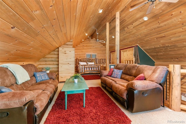 living room featuring high vaulted ceiling, rustic walls, carpet, ceiling fan, and wood ceiling