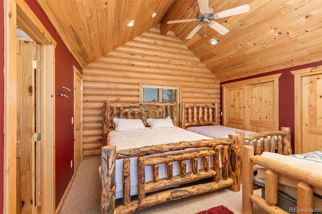 bedroom featuring vaulted ceiling, carpet floors, rustic walls, and wood ceiling