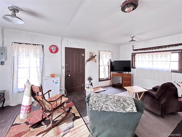 living room with dark wood-type flooring