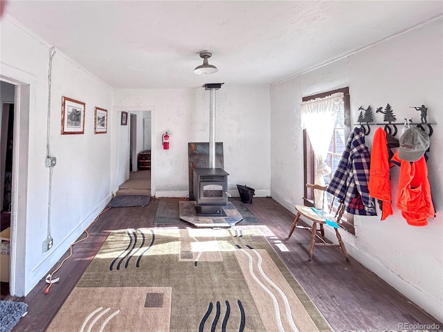 interior space featuring a wood stove and dark hardwood / wood-style flooring